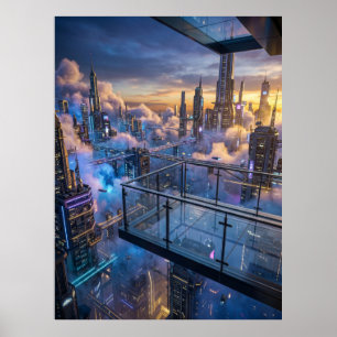 Futuristische Stadt Sonnenuntergang Wandkunst Poster