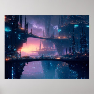 Futuristische Stadtlandschaft bei Dämmerung Poster