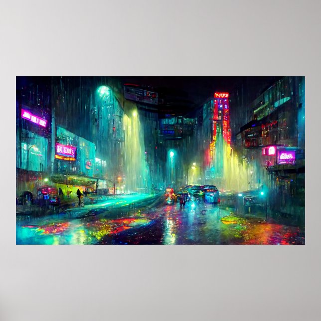 Futuristische Stadtlandschaft mit Gebäude, Mensche Poster (Vorne)
