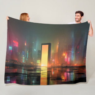 Futuristische Stadtlandschaft mit Neonreflexionen Fleecedecke