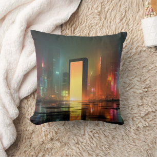 Futuristische Stadtlandschaft mit Neonreflexionen Kissen