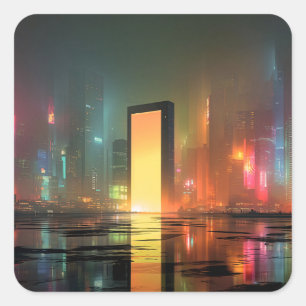 Futuristische Stadtlandschaft mit Neonreflexionen Quadratischer Aufkleber