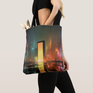 Futuristische Stadtlandschaft mit Neonreflexionen Tasche