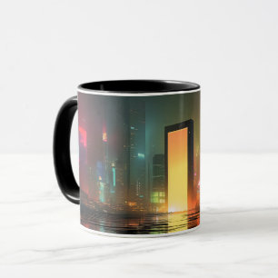 Futuristische Stadtlandschaft mit Neonreflexionen Tasse