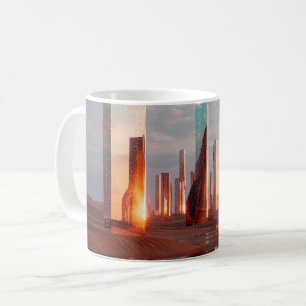 Futuristische surrealistische Spiegel-Türme in der Kaffeetasse
