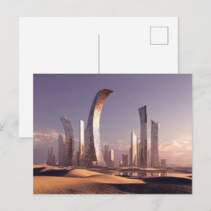 Futuristische surrealistische Wolkenkratzer in wüs Postkarte