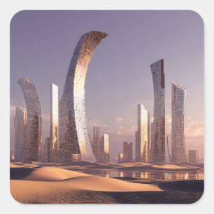 Futuristische surrealistische Wolkenkratzer in wüs Quadratischer Aufkleber