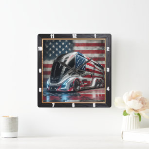 Futuristische Truck Patriotic American Flag Quadratische Wanduhr