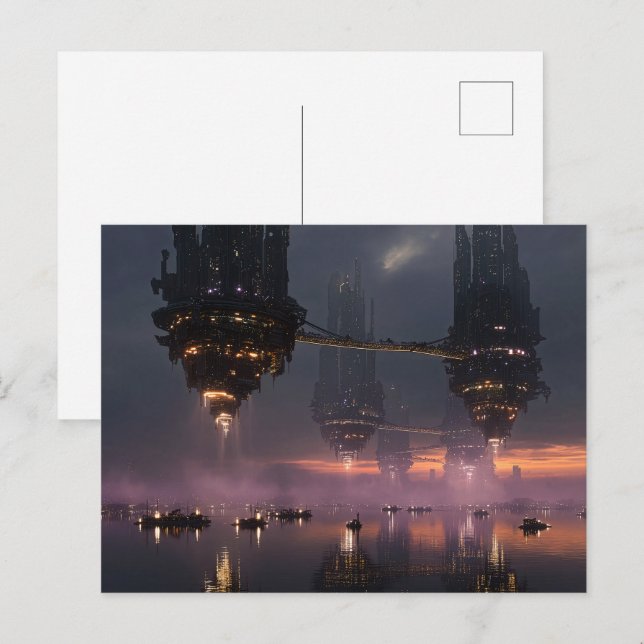 Futuristische Türme schweben über dem Hafen Postkarte (Vorne/Hinten)