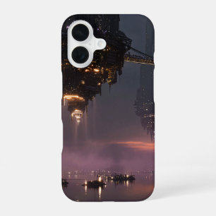 Futuristische Türme über dem Hafen schweben iPhone 16 Hülle