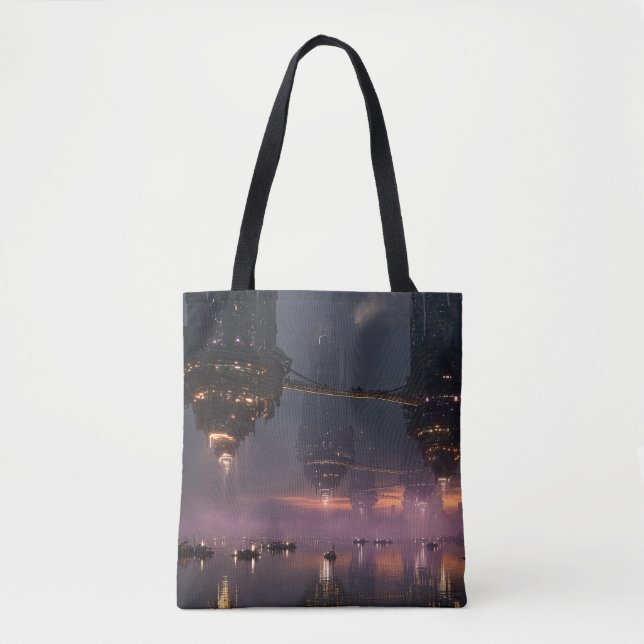 Futuristische Türme über dem Hafen schweben Tasche (Vorderseite)