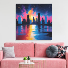 Futuristische urbane Skyline bei Sonnenuntergang L Leinwanddruck