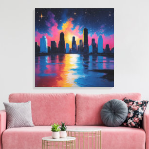 Futuristische urbane Skyline bei Sonnenuntergang L Leinwanddruck