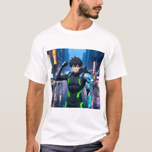 Futuristischer Anime-Cyborg-Junge in Neonstadt – S T-Shirt
