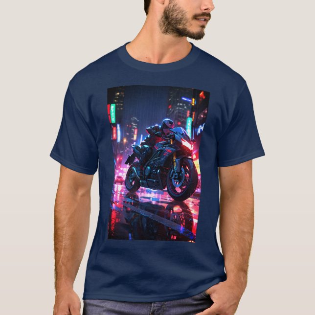 Futuristischer Cyberpunk-Motorradfahrer T-Shirt (Vorderseite)