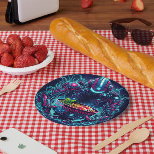 Futuristischer Cyberpunk-Roboter Neon Food Ramen Pappteller