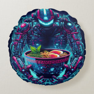 Futuristischer Cyberpunk-Roboter Neon Food Ramen Rundes Kissen