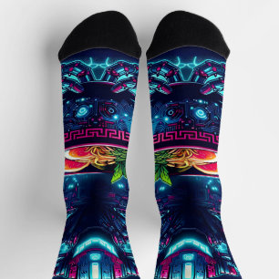 Futuristischer Cyberpunk-Roboter Neon Food Ramen Socken