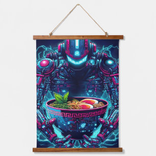 Futuristischer Cyberpunk-Roboter Neon Food Ramen Wandteppich Mit Holzrahmen
