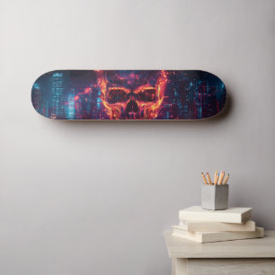 Futuristischer Cyberpunk-Schädel mit Stadtbild Skateboard