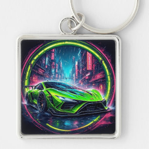 Futuristischer grüner Sportwagen in einem Neon-Cyb Schlüsselanhänger