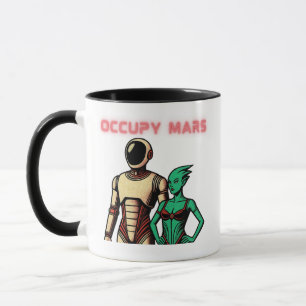 Futuristischer humanoide Roboter auf einem außerir Tasse