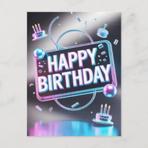 Futuristisches 3D-"Happy Birthday"-Neonschild Postkarte