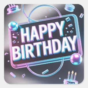 Futuristisches 3D-"Happy Birthday"-Neonschild Quadratischer Aufkleber