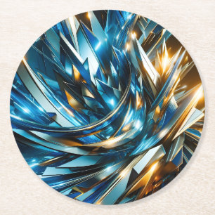 Futuristisches Blau Gold Abstrakt Metallisch Geome Runder Pappuntersetzer