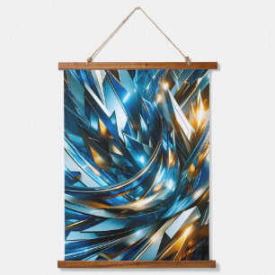 Futuristisches Blau Gold Abstrakt Metallisch Geome Wandteppich Mit Holzrahmen