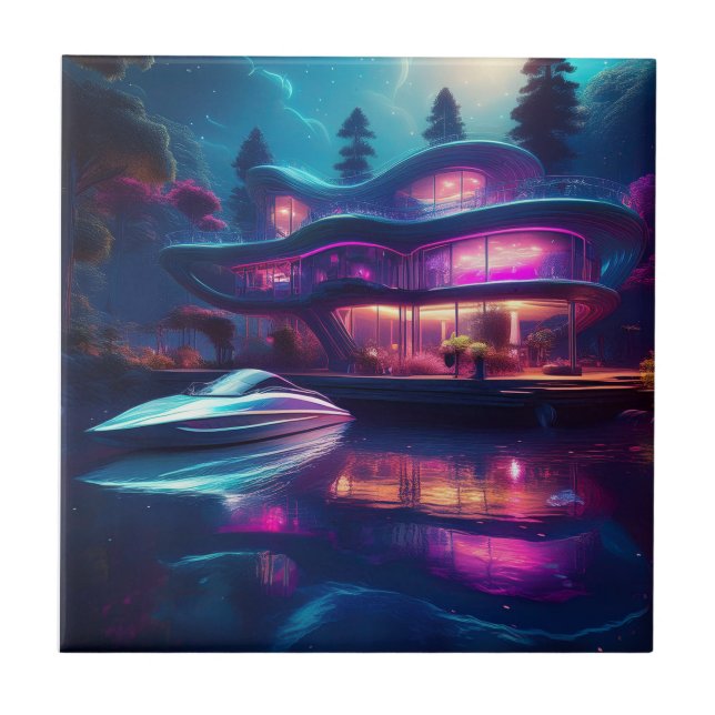 Futuristisches Haus am See Fliese (Vorderseite)