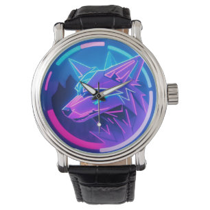 Futuristisches Neon Wolf-Gesicht in geometrischer  Armbanduhr