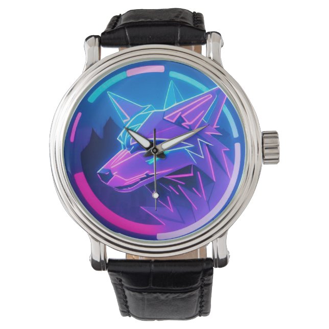 Futuristisches Neon Wolf-Gesicht in geometrischer  Armbanduhr (Vorderseite)