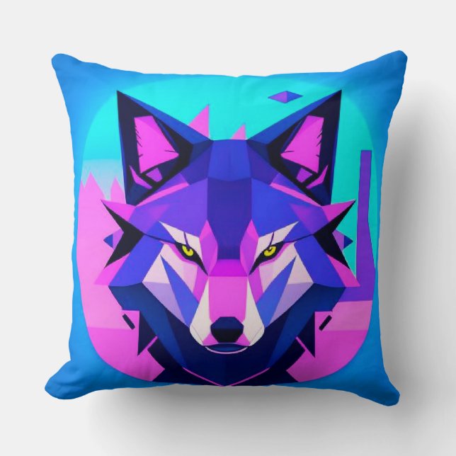 Futuristisches Neon Wolf-Gesicht in geometrischer  Kissen (Vorderseite)