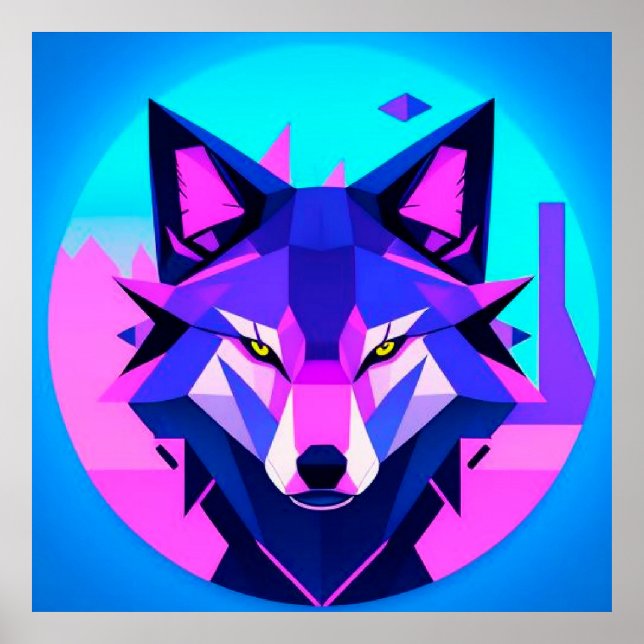 Futuristisches Neon Wolf-Gesicht in geometrischer  Poster (Vorne)