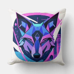 Futuristisches Neon-Wolfgesicht in geometrischer K Kissen