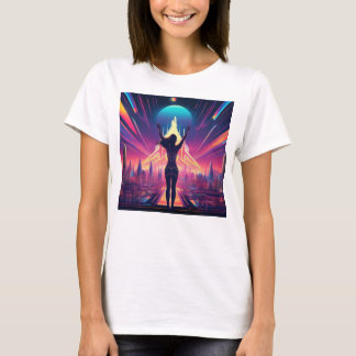 Futuristisches Stadtbild mit Neon-Silhouette T-Shirt