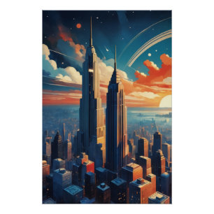 Futuristisches Stadtbildplakat bei Sonnenaufgang Poster