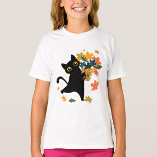 fuuny black Cat Leaf Fall Hello Autumn T-Shirt