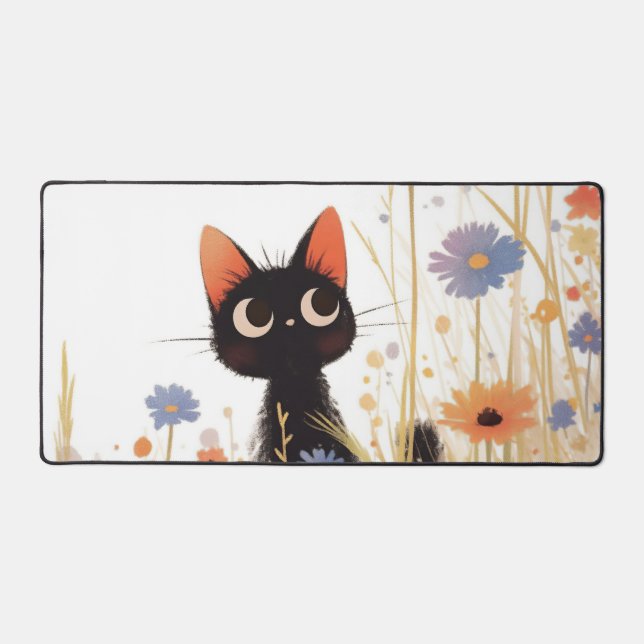 Fuzzy Black Cat Wide Eye Orange Meadow Flower Schreibtischunterlage (Vorderseite)