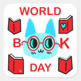Fuzzy Cat World Book Day Quadratischer Aufkleber