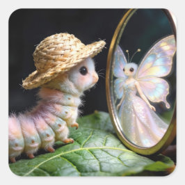 Fuzzy Caterpillar Staring at a Fairy Butterfly Quadratischer Aufkleber