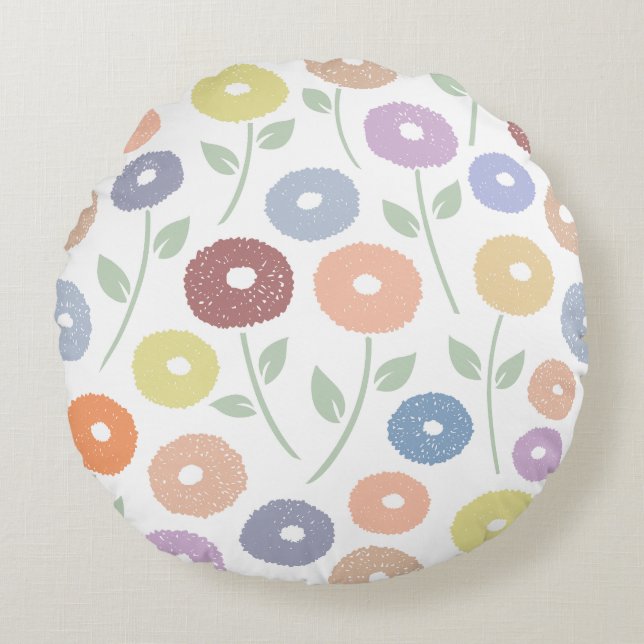 Fuzzy Flower Lg Pattern Pastels on White Rundes Kissen (Vorderseite)