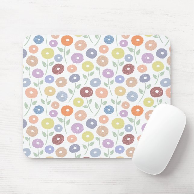 Fuzzy Flower Pattern Pastels on White Mousepad (Mit Mouse)