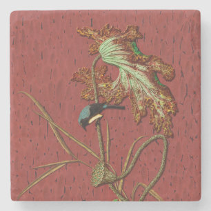 G.A. Audsley Vintage Roter Japanischer Vogel Lotus Steinuntersetzer