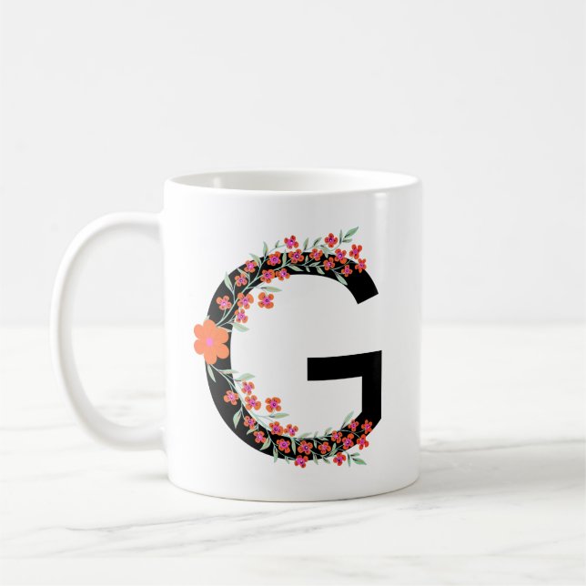G Floraler botanischer Anfangsbuchstabe G Monogram Kaffeetasse (Links)
