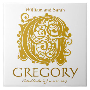 G Gold Monogram on White - Names Wedding Date Tile Fliese