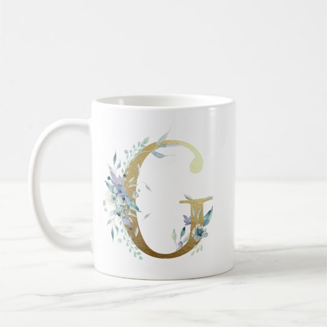 G Golden Initial mit blauem Blumenblättern Kaffeetasse (Links)