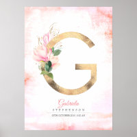 G Letter Monogram Gold Blätter Pink Magnolia Flora