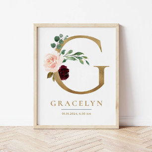 G Letter Monogram Name Marsala Floral Kinderzimmer Poster